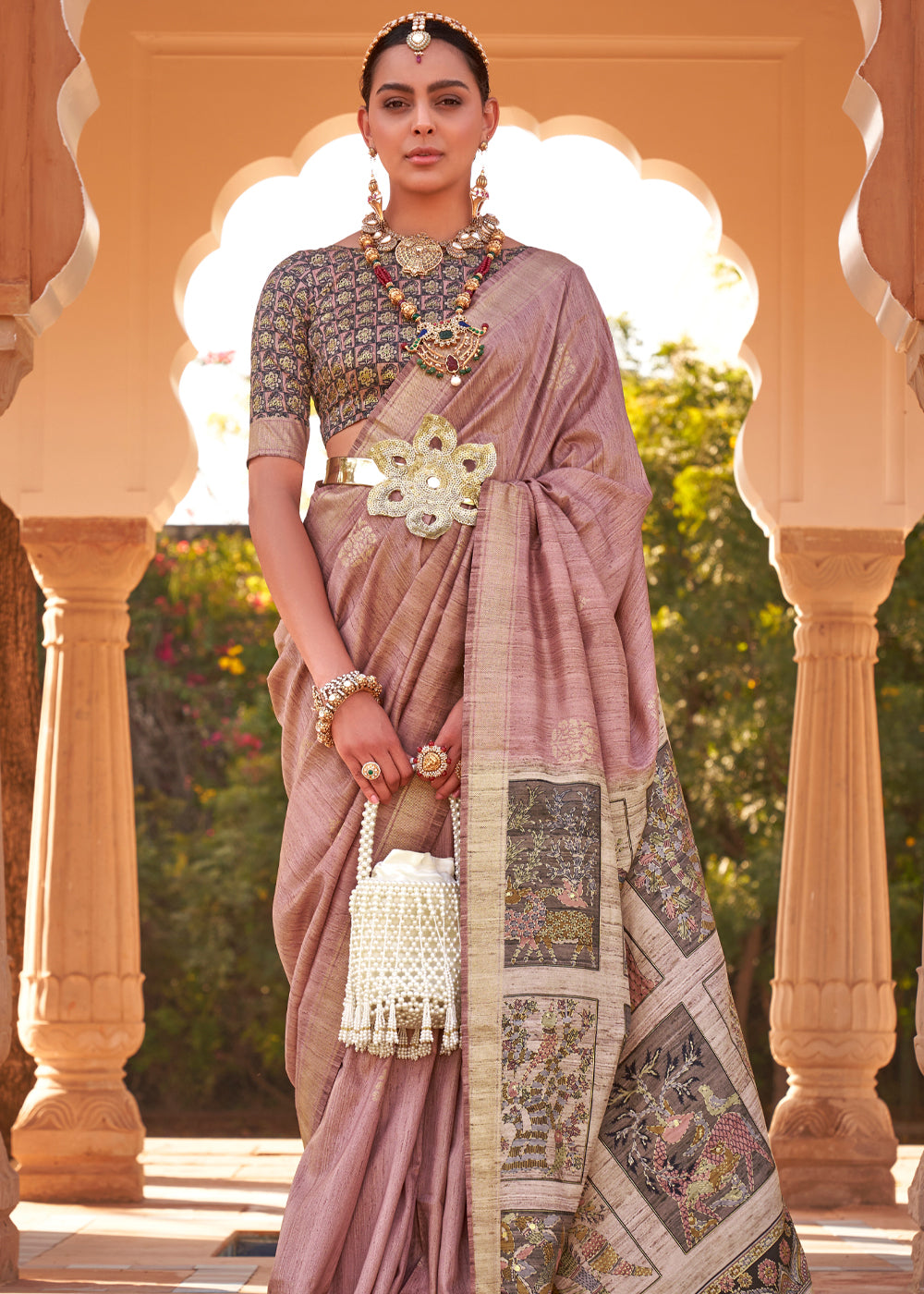 Buy MySilkLove Oriental Pink Woven Soft Textured Printed Silk Saree Online