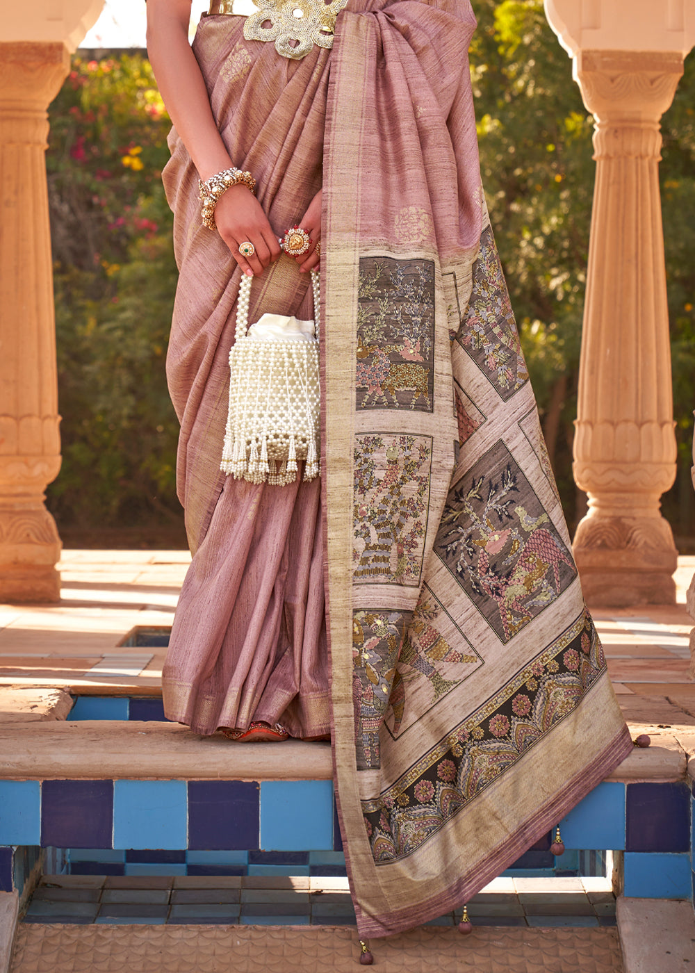 Buy MySilkLove Oriental Pink Woven Soft Textured Printed Silk Saree Online