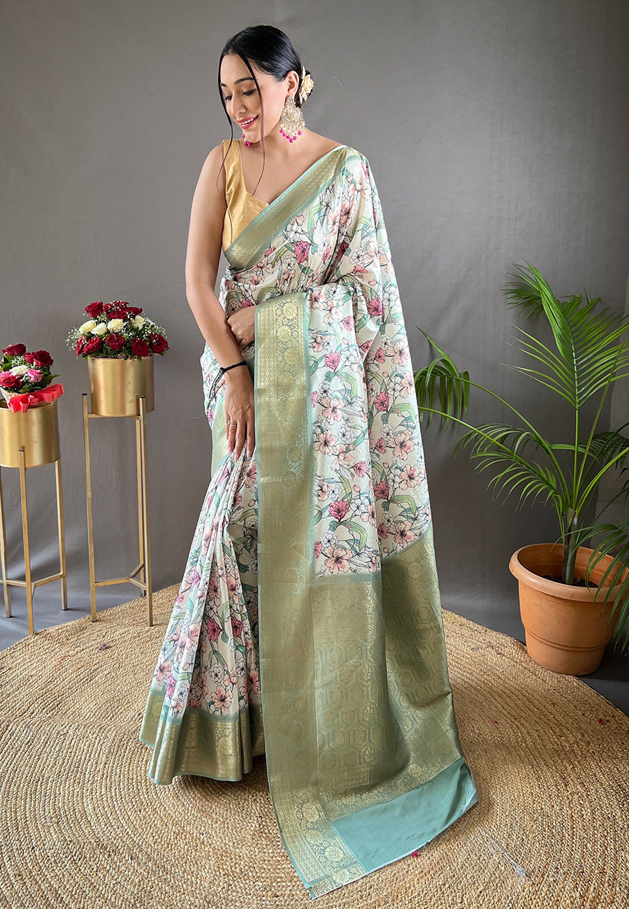 Buy MySilkLove Tallow Green Kalamkari Floral Printed Saree Online