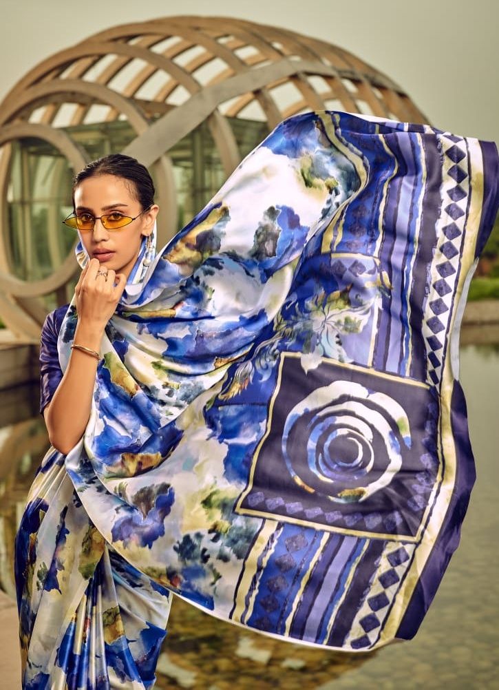 Buy MySilkLove Blue Bell Digital Printed Satin Silk Saree Online