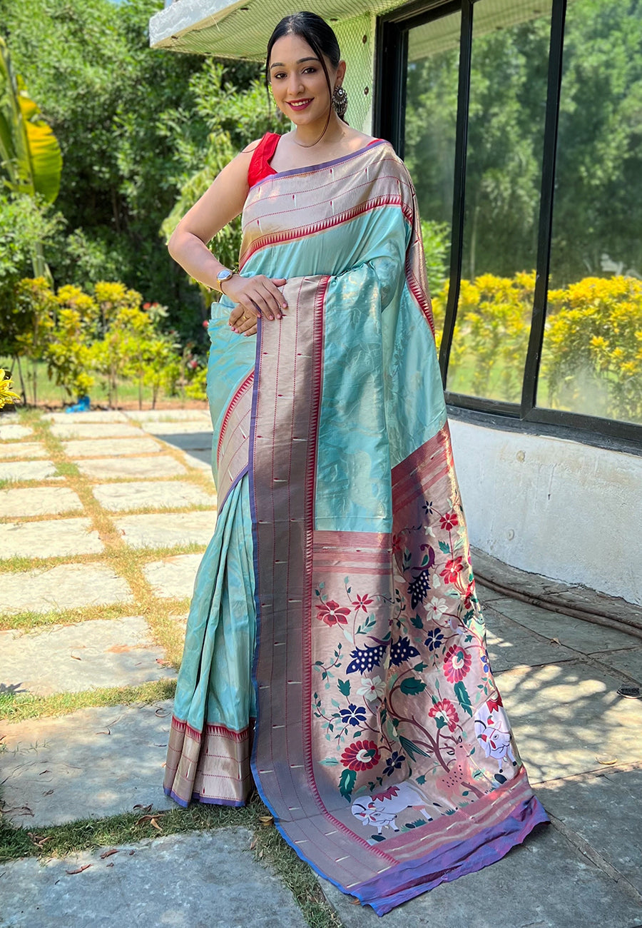 Buy MySilkLove Aqua Island Blue Pichwai Woven Paithani Silk Saree Online
