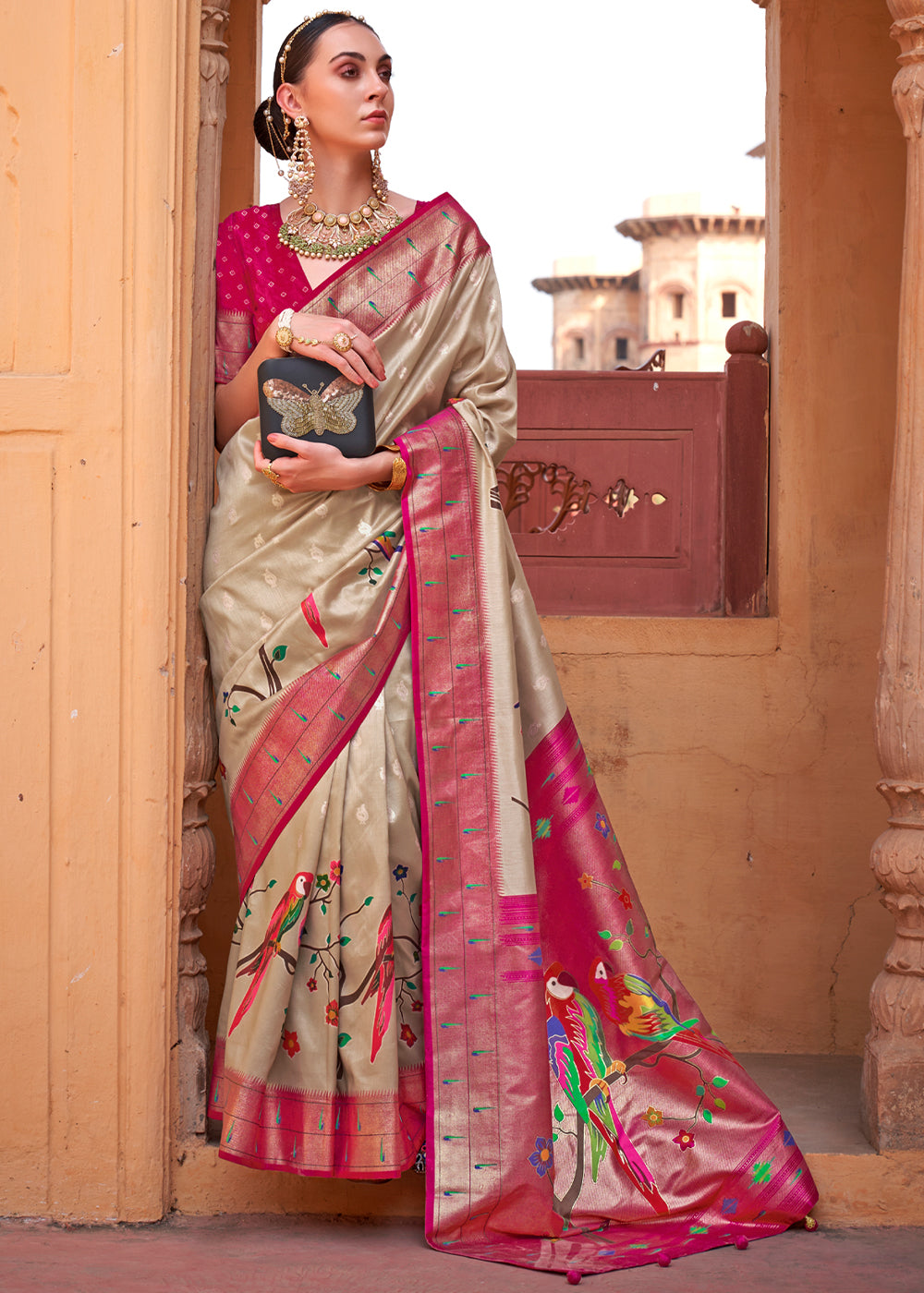 Buy MySilkLove Cameo Cream and Pink Woven Paithani Silk Saree Online