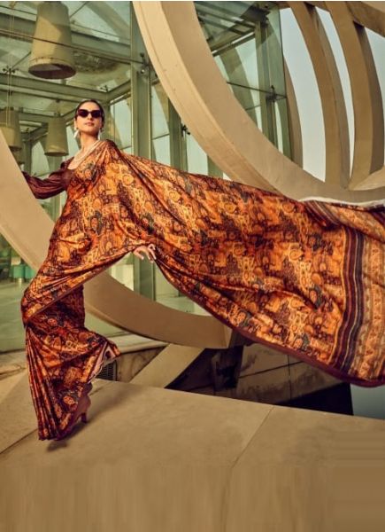 Buy MySilkLove Chardonnay Brown and Orange Digital Printed Satin Silk Saree Online