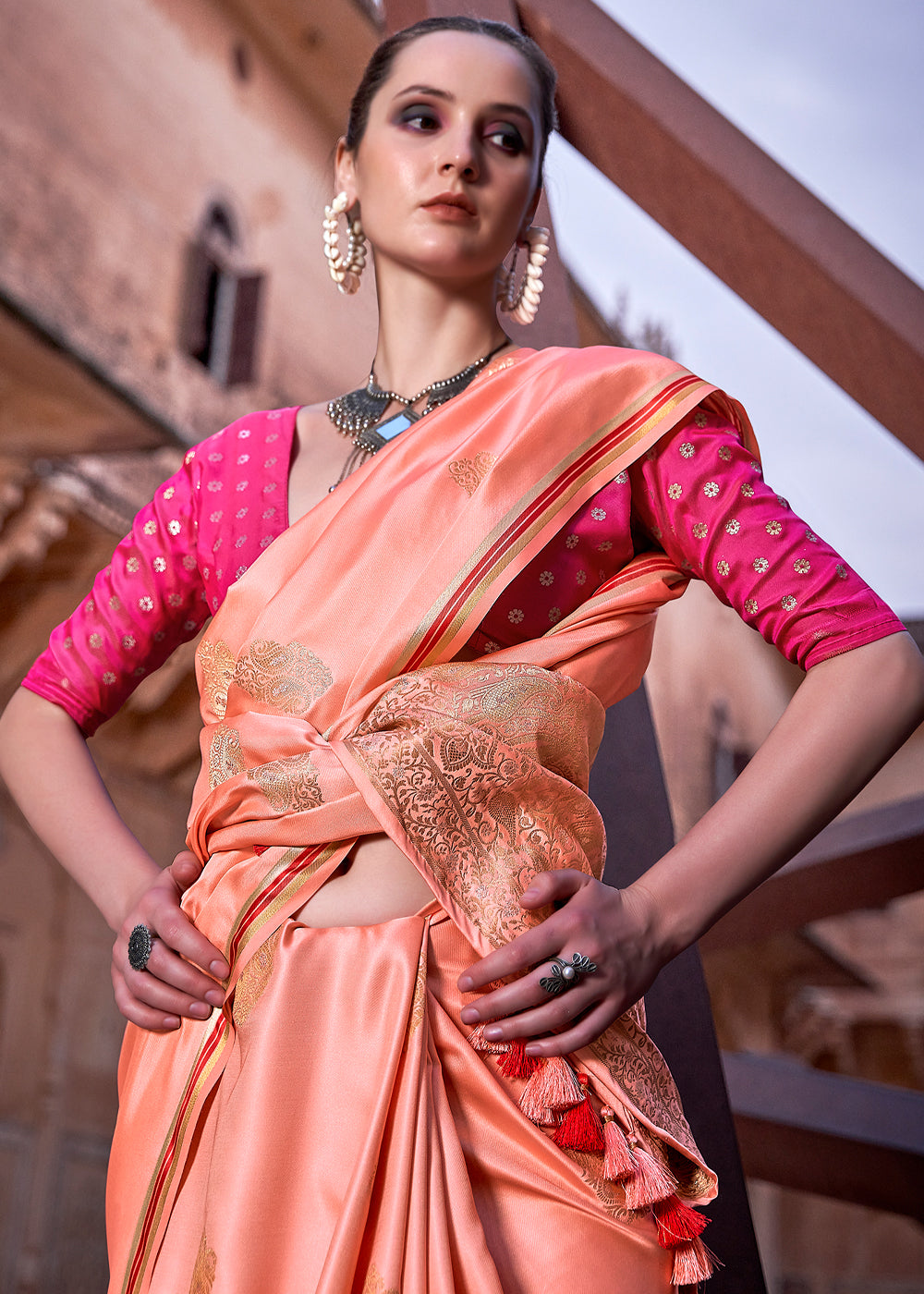 Buy MySilkLove Cornflower Lilac Peach Woven Satin Silk Saree Online