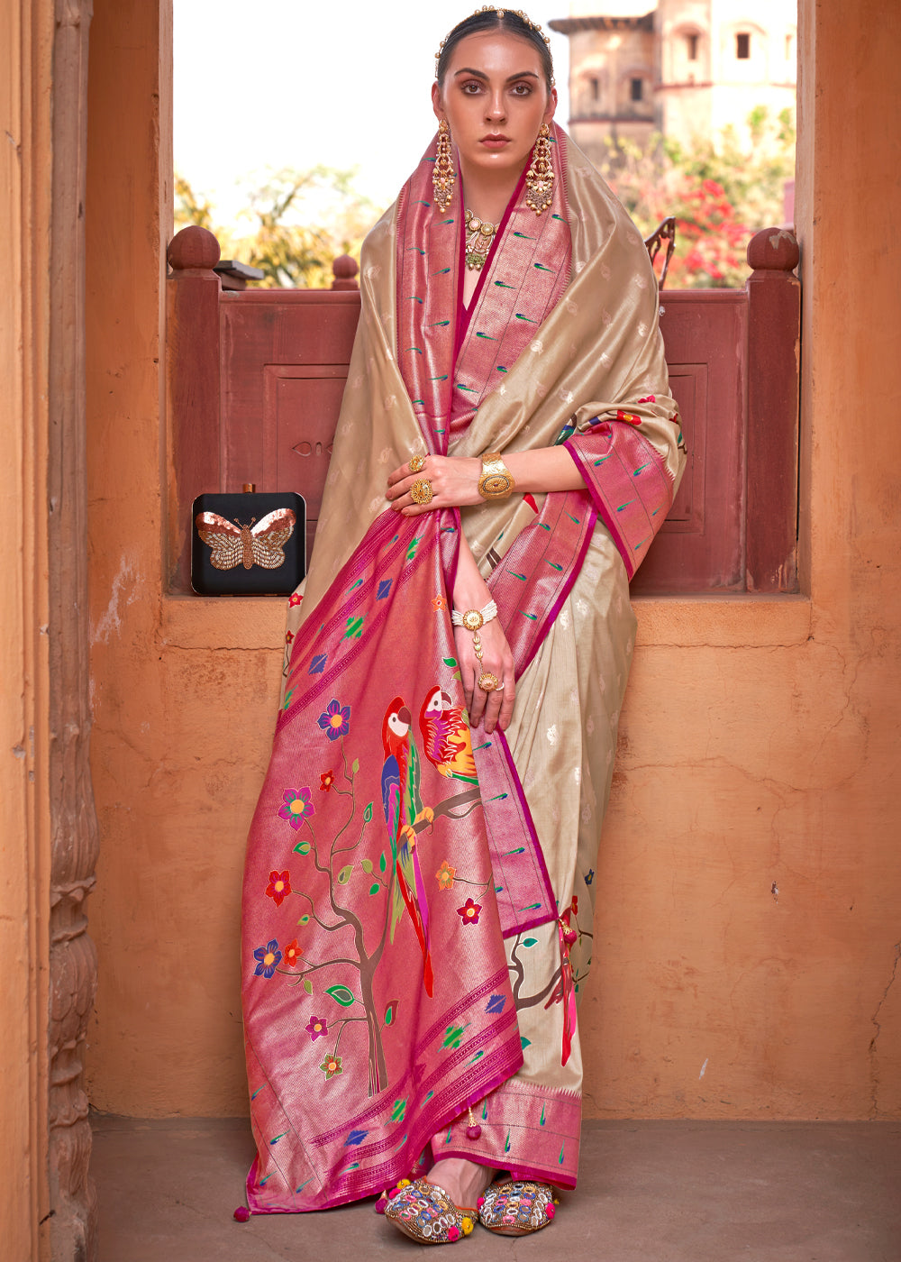 Buy MySilkLove Cameo Cream and Pink Woven Paithani Silk Saree Online