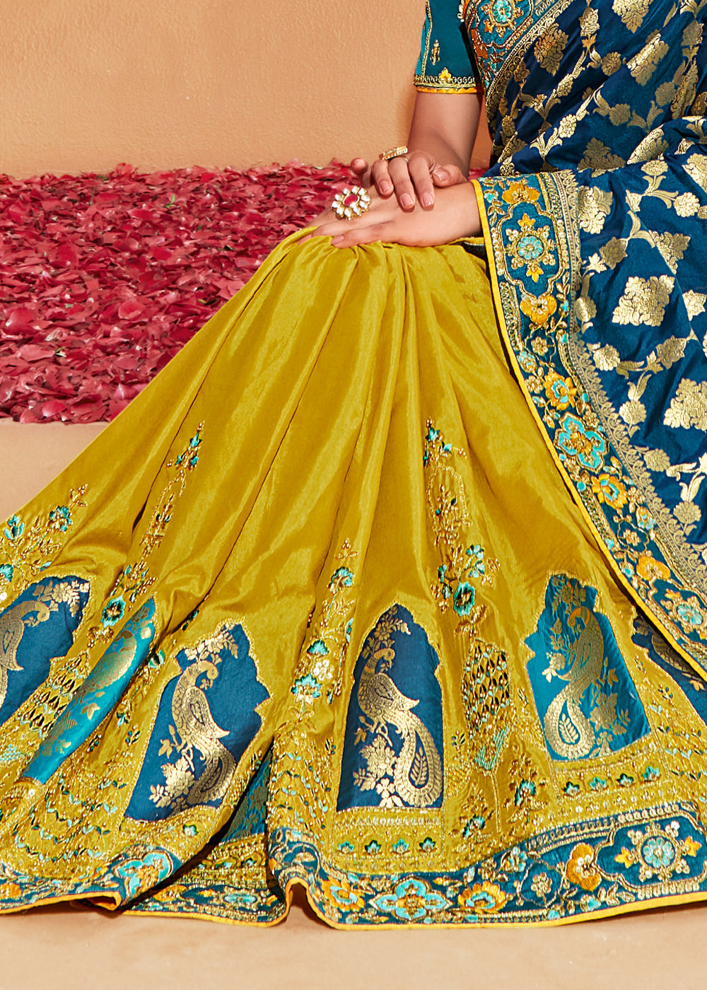 Buy MySilkLove Golden Grass Yellow and Blue Embroidered Banarasi Silk Saree Online