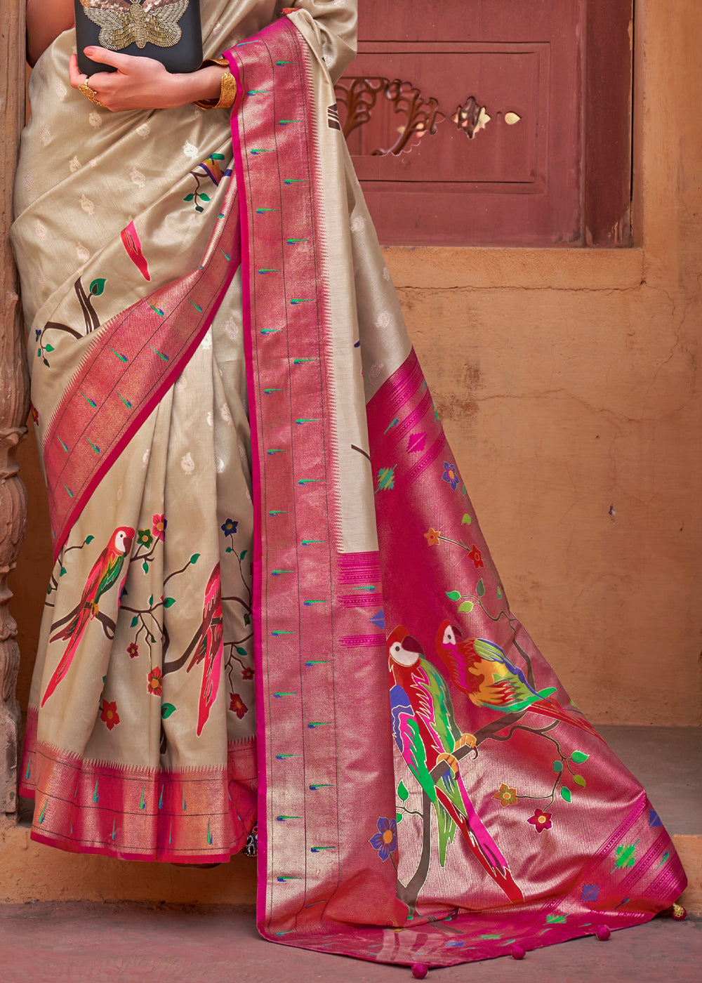 Buy MySilkLove Cameo Cream and Pink Woven Paithani Silk Saree Online