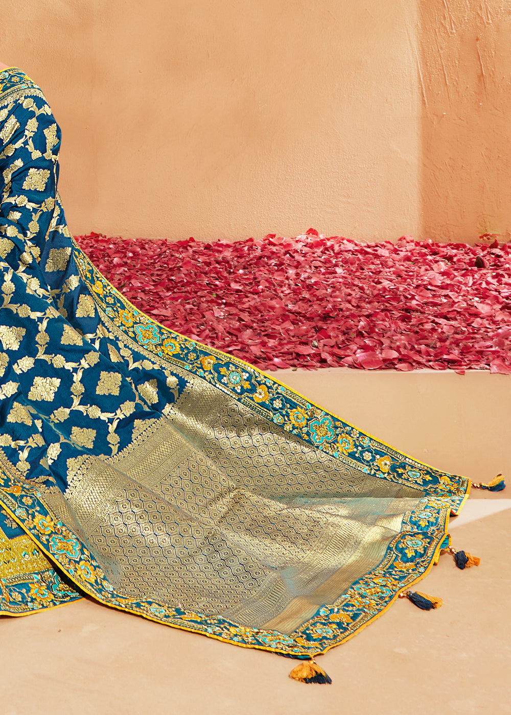 Buy MySilkLove Golden Grass Yellow and Blue Embroidered Banarasi Silk Saree Online