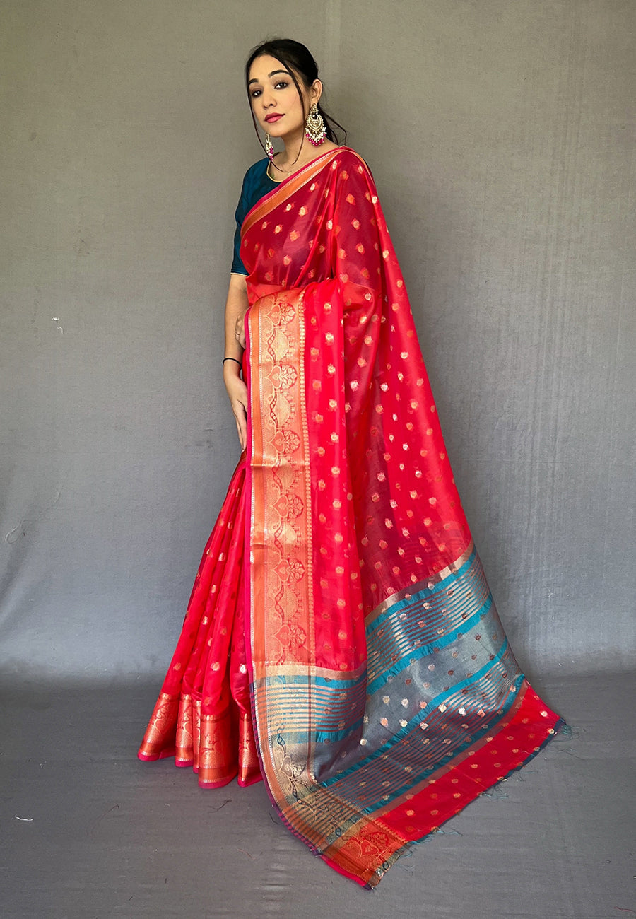 Buy MySilkLove Shiraz Red Zari Woven Organza Silk Saree Online
