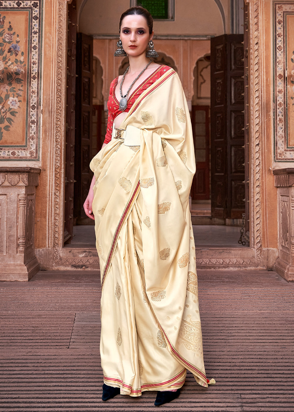 Buy MySilkLove Champagne Cream Woven Satin Silk Saree Online