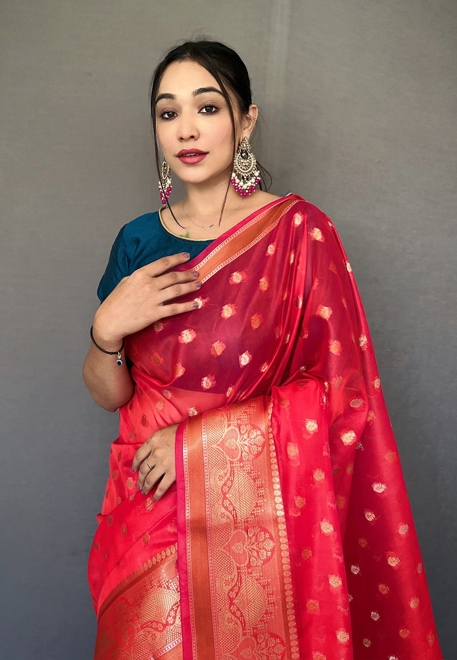 Buy MySilkLove Shiraz Red Zari Woven Organza Silk Saree Online