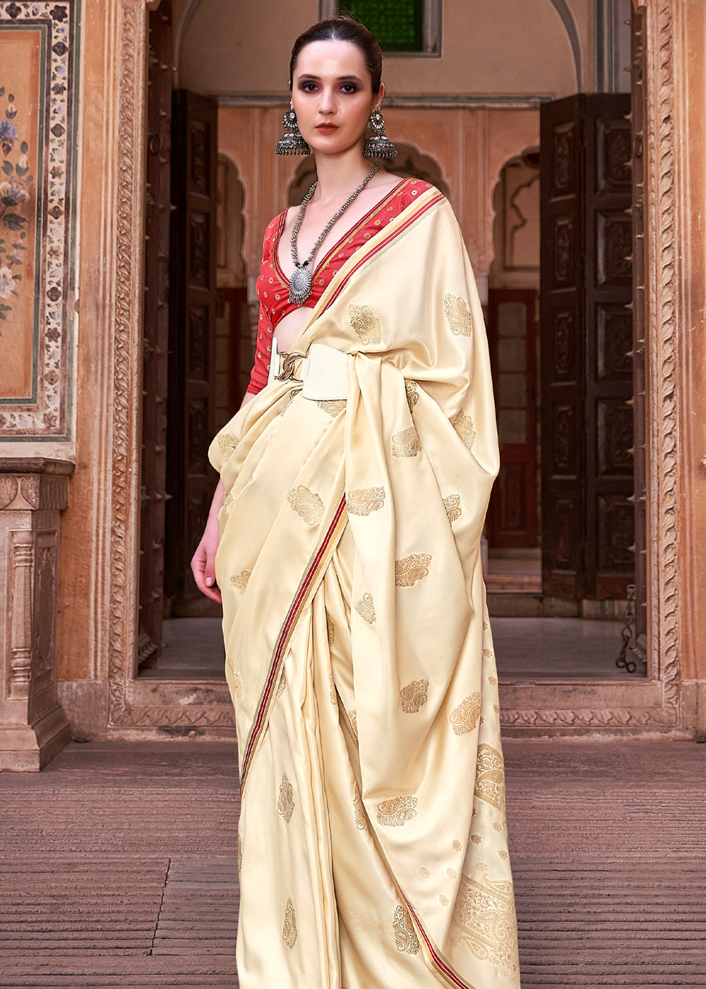 Buy MySilkLove Champagne Cream Woven Satin Silk Saree Online