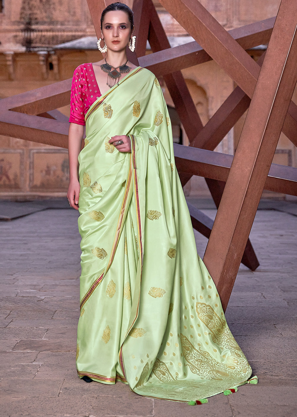 Buy MySilkLove Sprout Green Woven Satin Silk Saree Online
