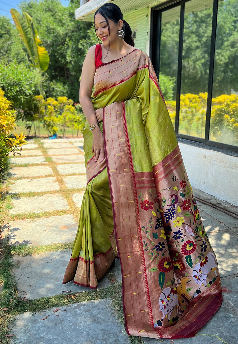 Buy MySilkLove Luxor Gold Green Pichwai Woven Paithani Silk Saree Online