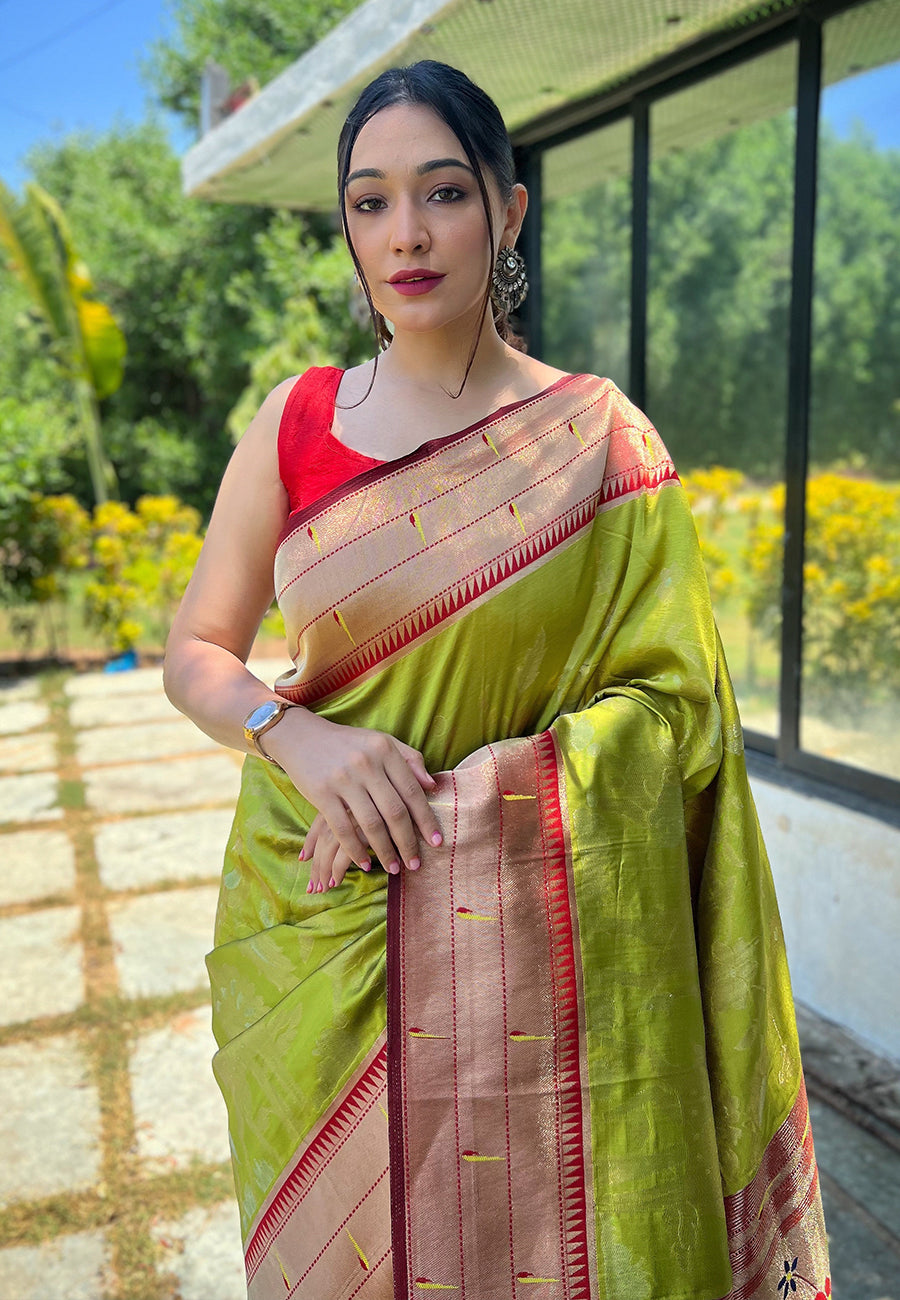 Buy MySilkLove Luxor Gold Green Pichwai Woven Paithani Silk Saree Online