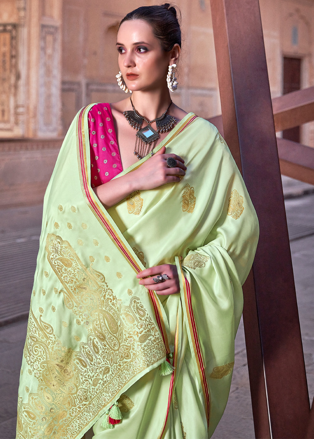 Buy MySilkLove Sprout Green Woven Satin Silk Saree Online