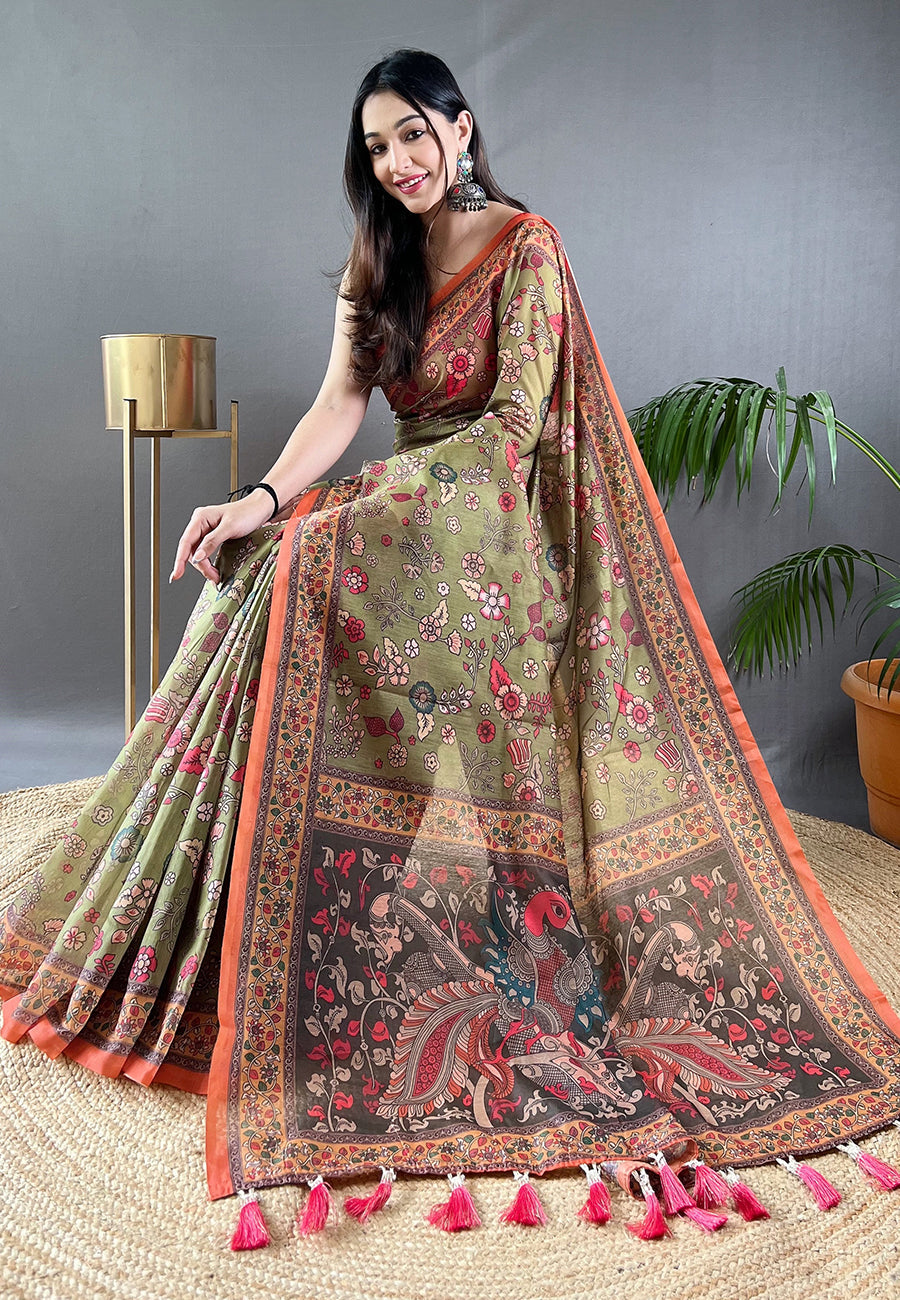 Buy MySilkLove Clay Creek Green Cotton Kalamkari Printed Saree Online