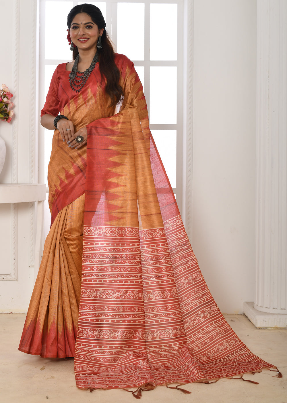 Buy MySilkLove Raw Sienna Orange Woven Tussar Ikkat Silk Saree Online