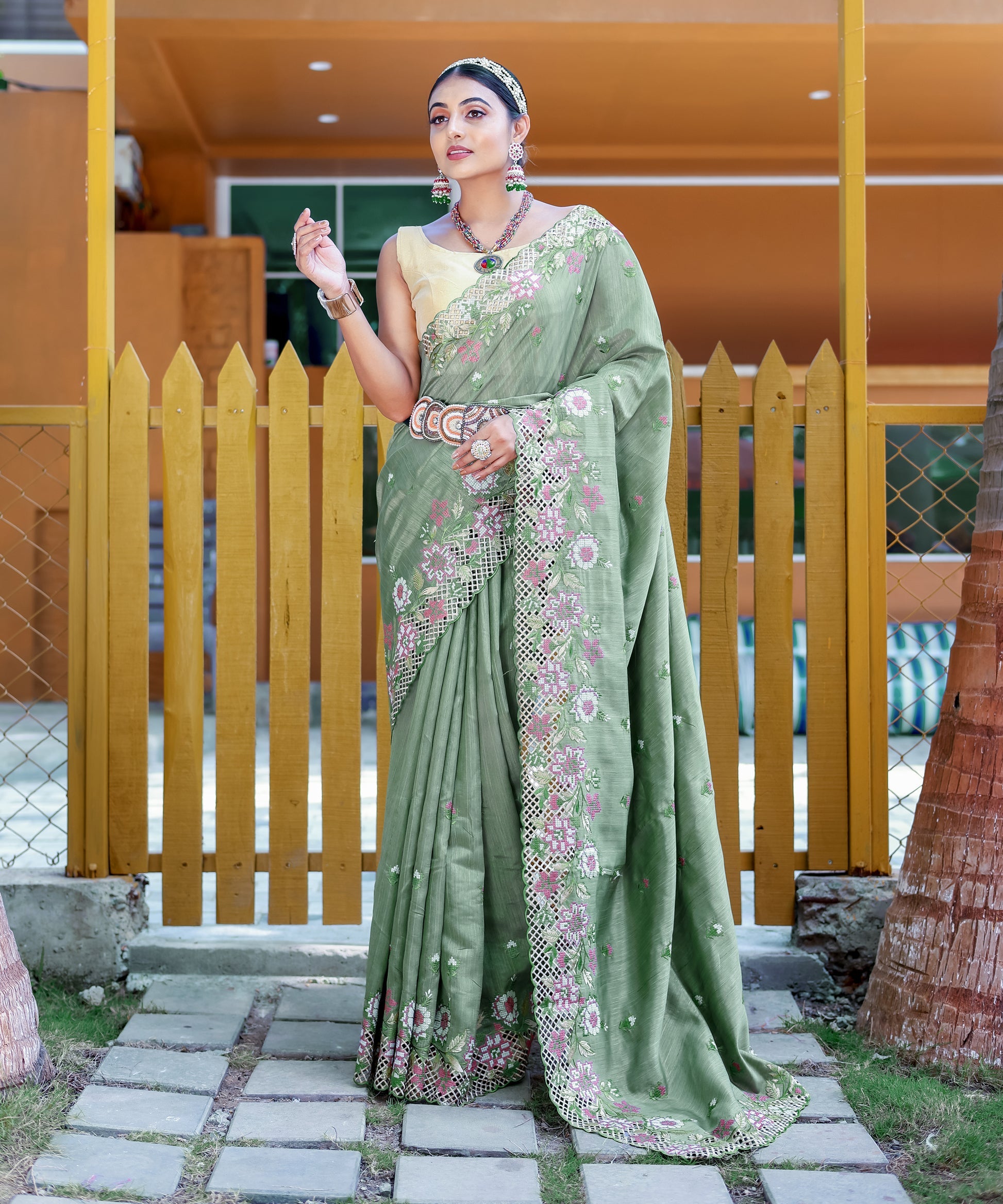 Buy MySilkLove Sprout Green Embroidered Tussar Silk Saree Online