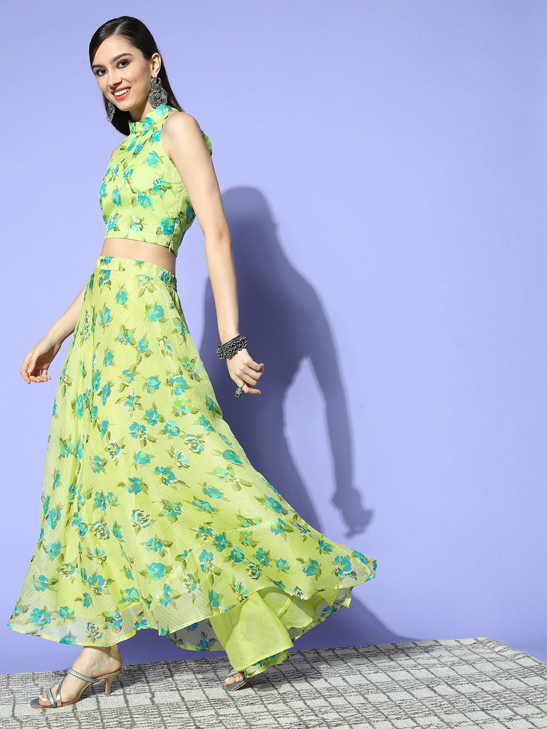 Buy MySilkLove Primrose Yellow Printed Crop Top with Skirt Dress Online
