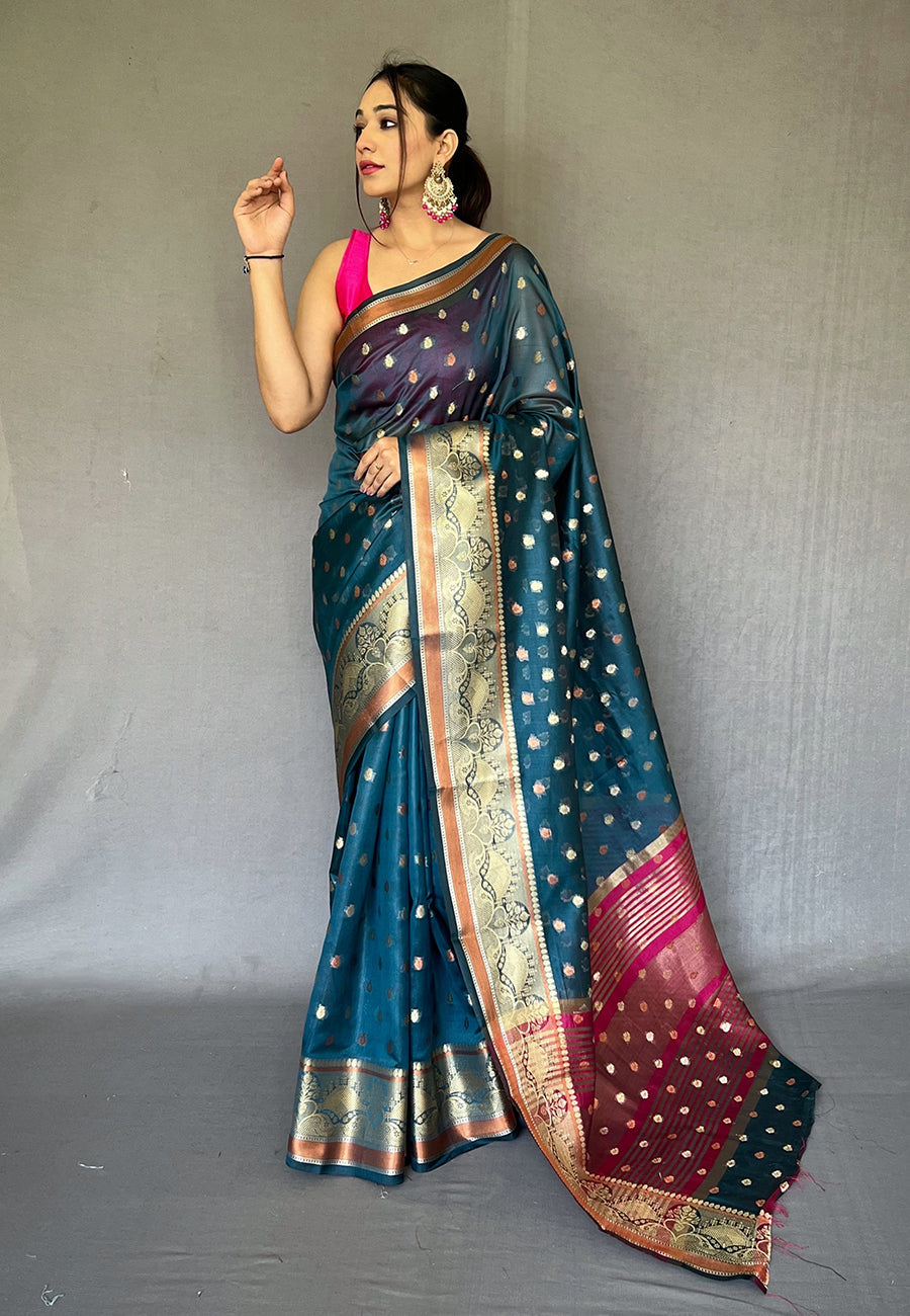 Buy MySilkLove Shark Blue Zari Woven Organza Silk Saree Online