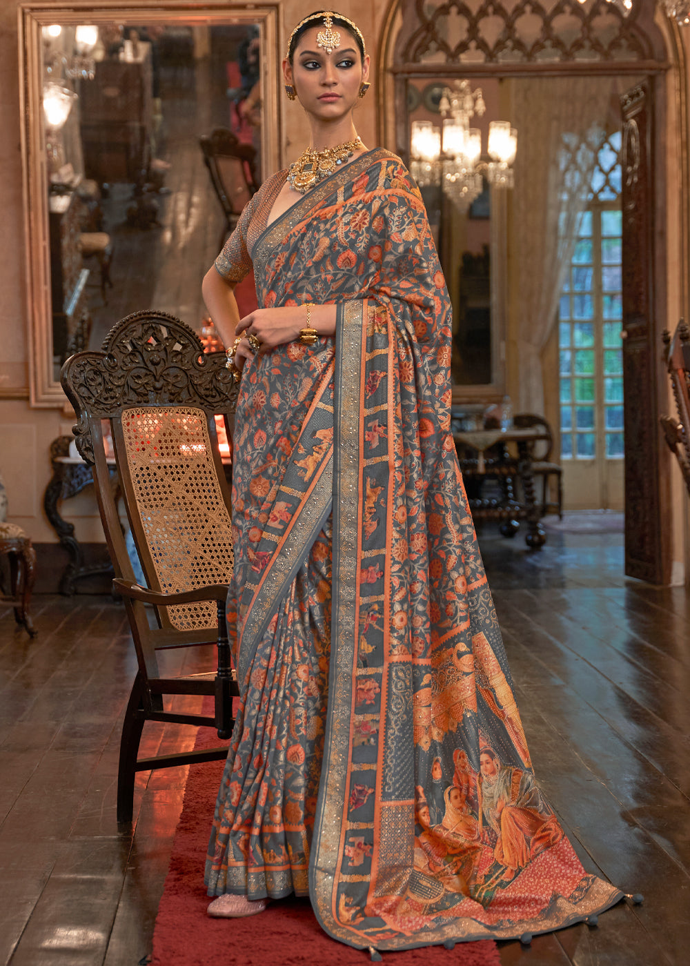 Buy MySilkLove Gravel Grey Woven Digital Printed Patola Saree Online