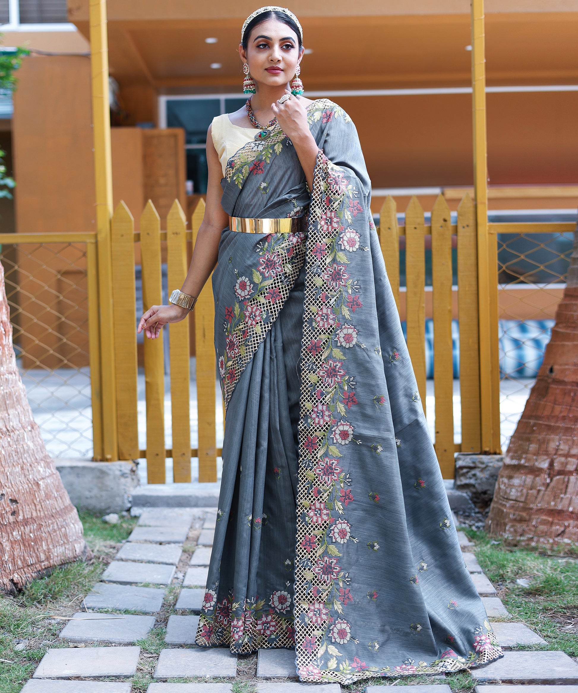 Buy MySilkLove Shuttle Grey Embroidered Tussar Silk Saree Online