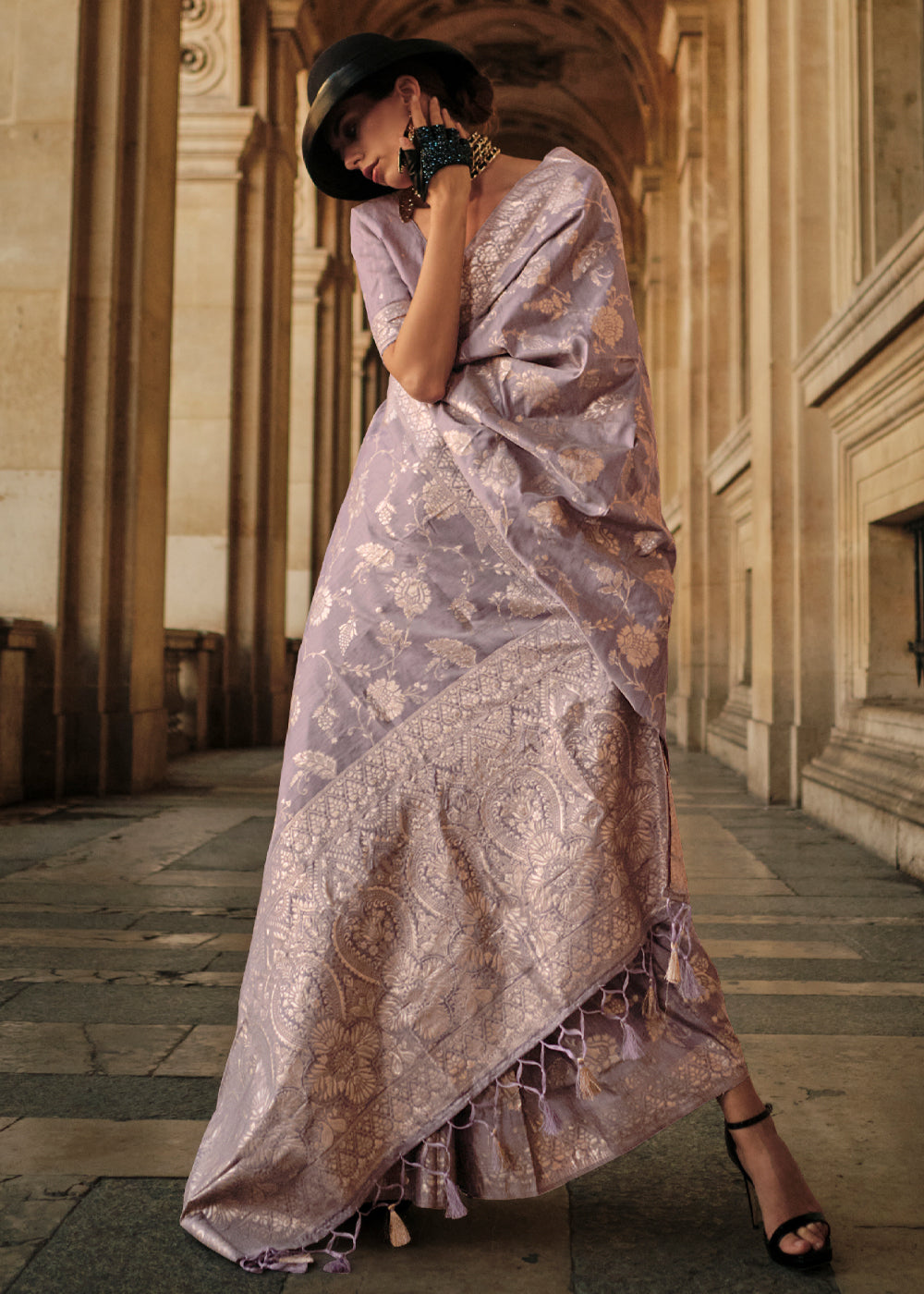 Buy MySilkLove Gull Gray Purple Zari Woven Banarasi Saree Online