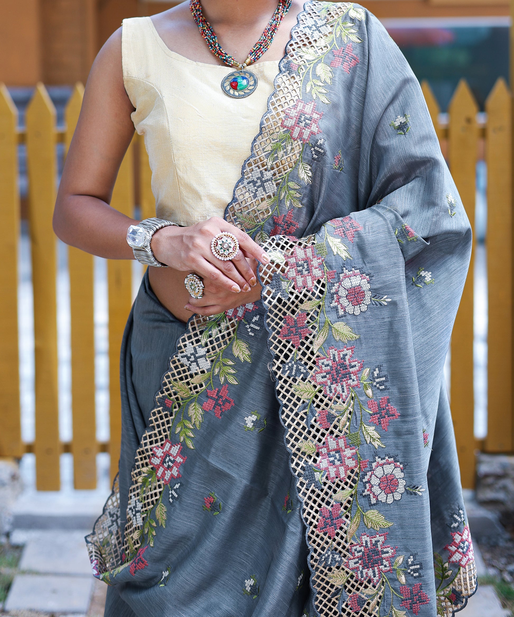 Buy MySilkLove Shuttle Grey Embroidered Tussar Silk Saree Online
