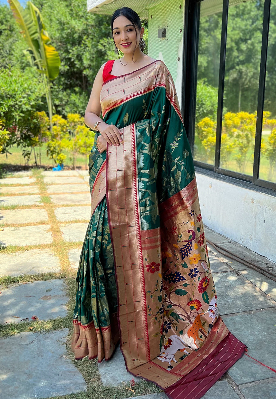 Buy MySilkLove Elm Green Pichwai Woven Paithani Silk Saree Online