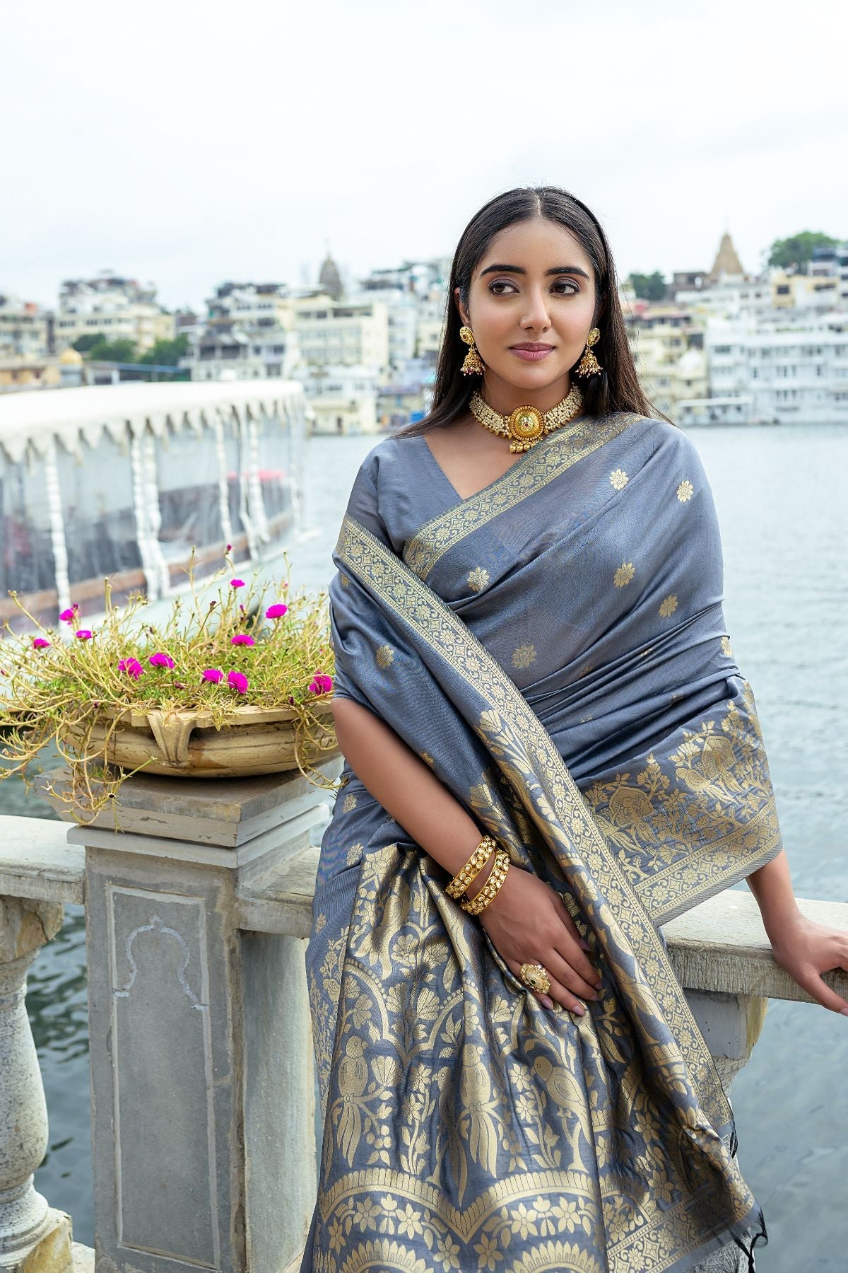 Buy MySilkLove Black Coral Pearl Grey Banarasi Soft Silk Saree Online
