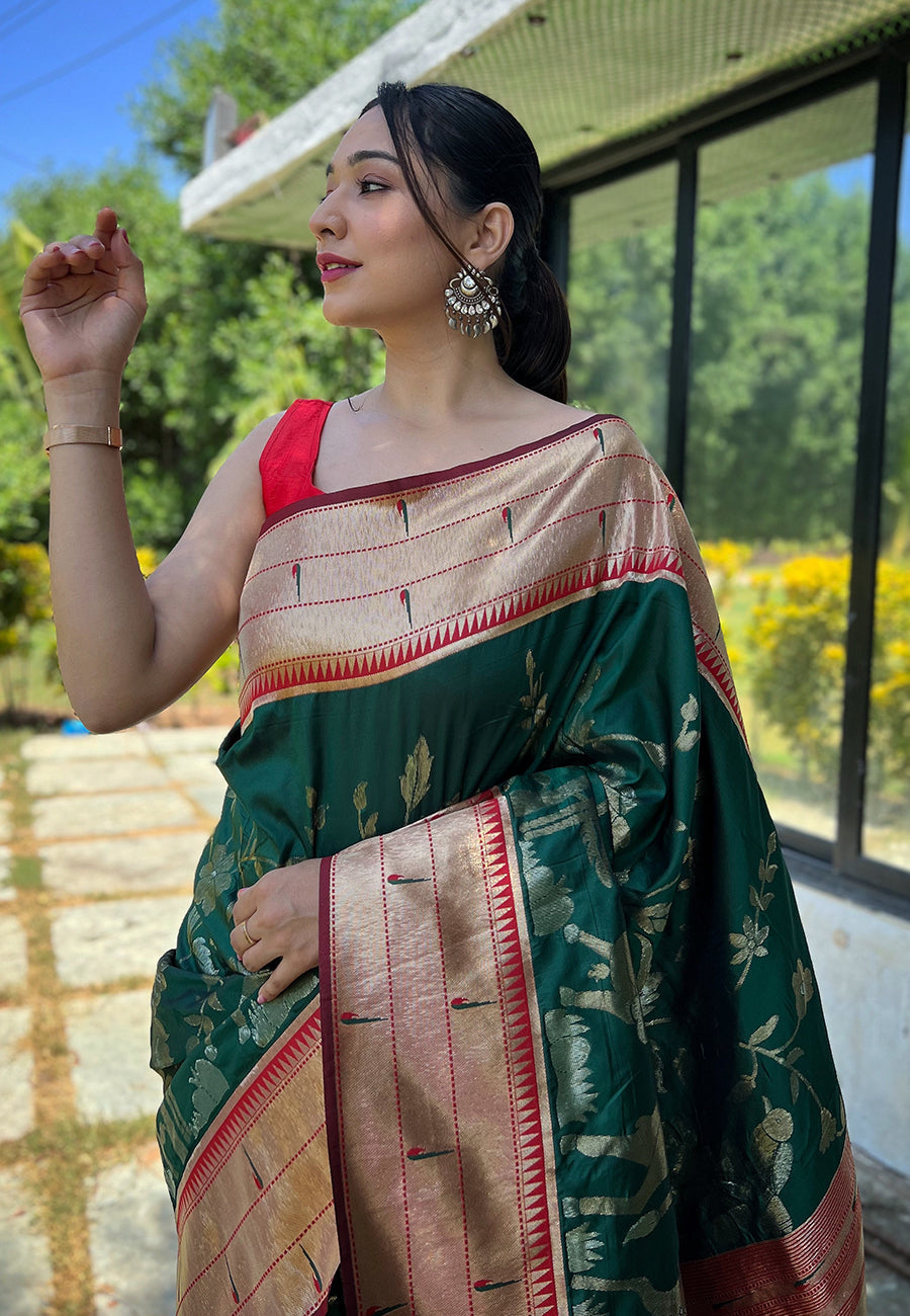 Buy MySilkLove Elm Green Pichwai Woven Paithani Silk Saree Online
