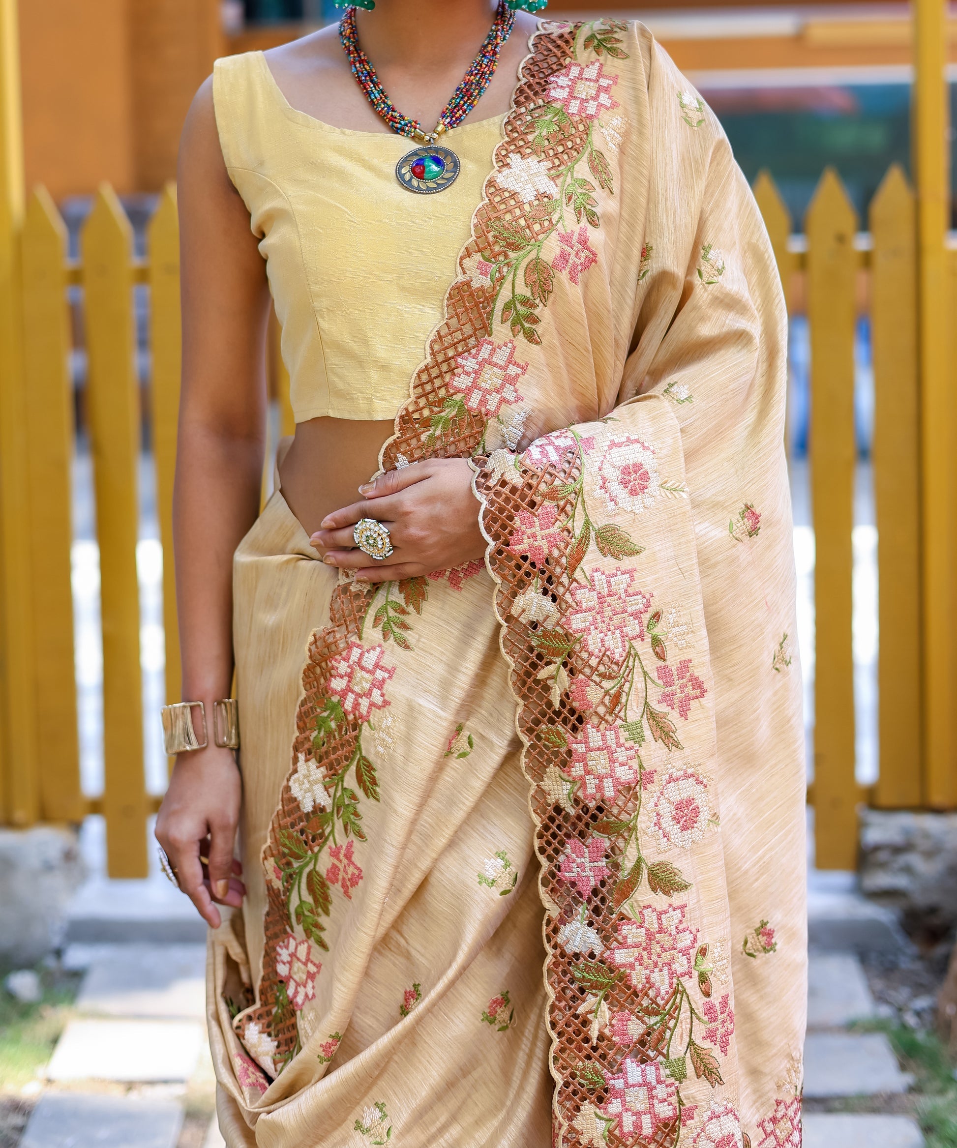 Buy MySilkLove Sorrell Cream Embroidered Tussar Silk Saree Online