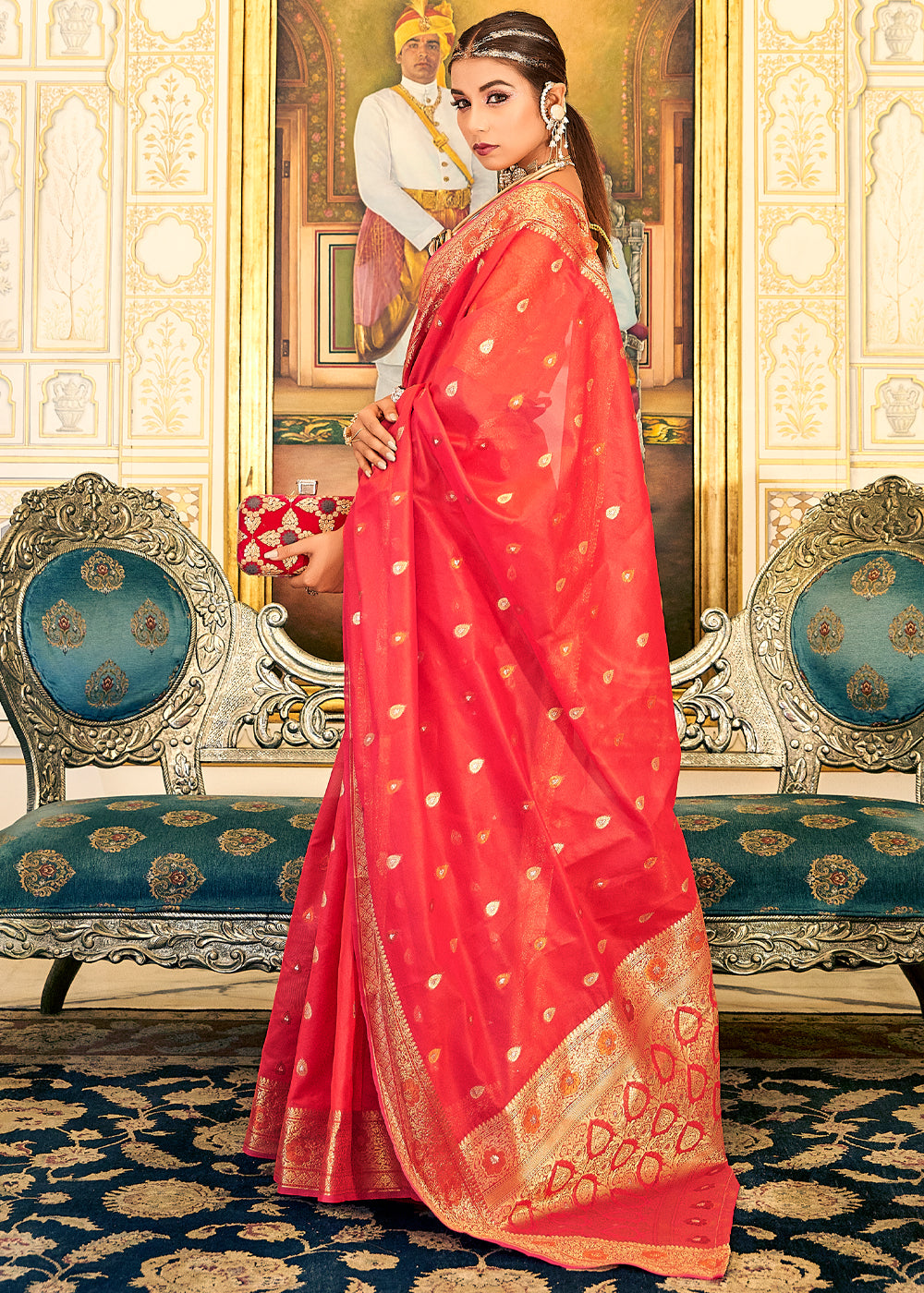 Buy MySilkLove Dimond Red Woven Banarasi Organza Silk Saree Online