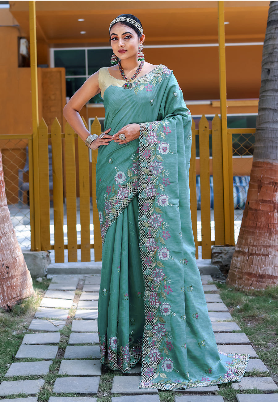 Buy MySilkLove Breaker Bay Blue Embroidered Tussar Silk Saree Online