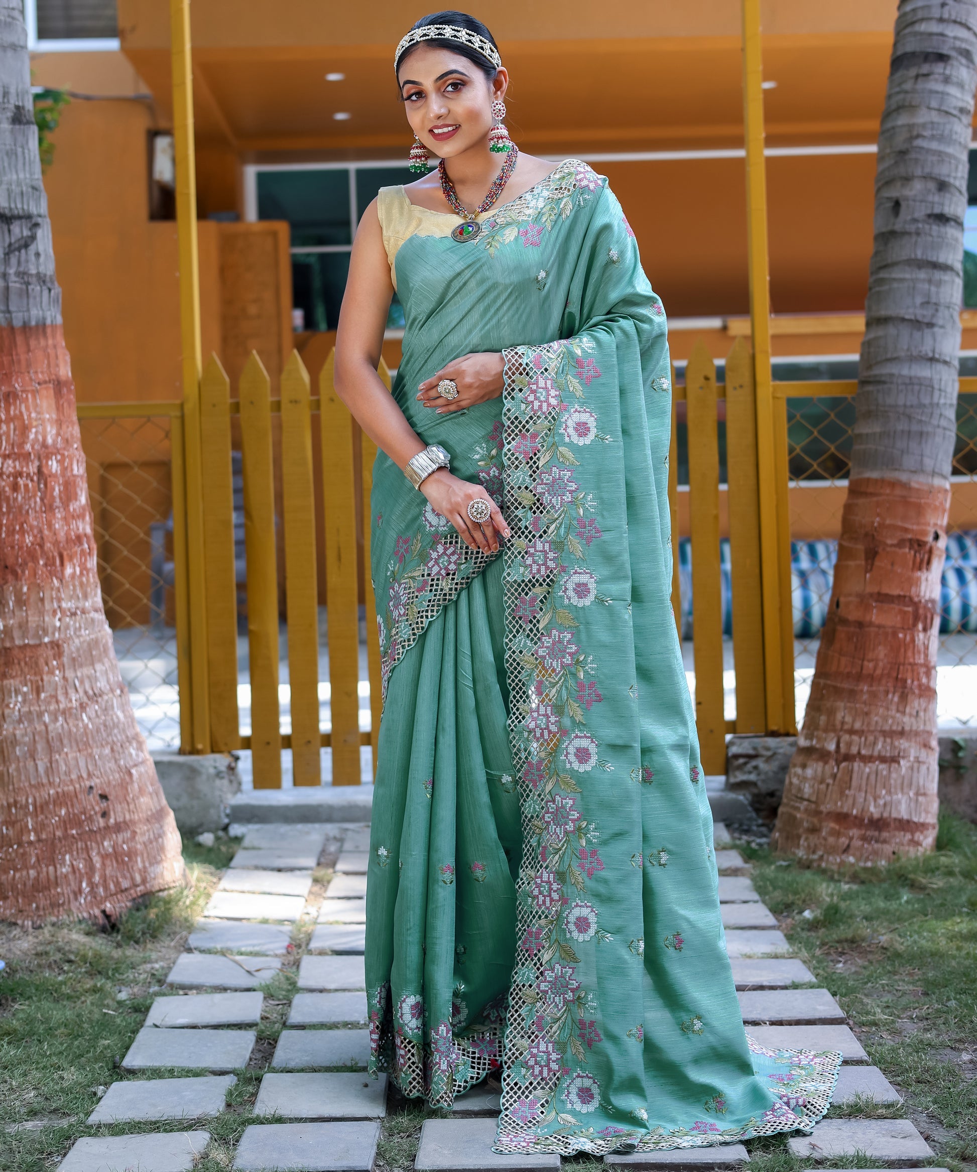 Buy MySilkLove Breaker Bay Blue Embroidered Tussar Silk Saree Online