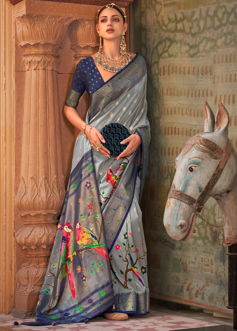 Buy MySilkLove Tundora Grey and Blue Woven Paithani Silk Saree Online