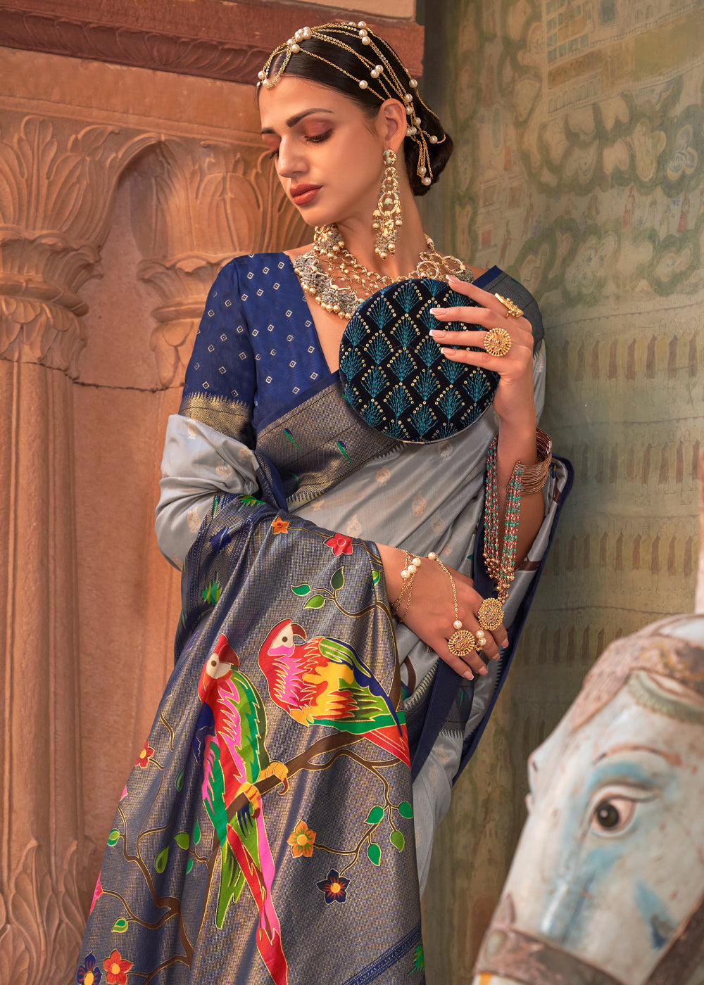 Buy MySilkLove Tundora Grey and Blue Woven Paithani Silk Saree Online