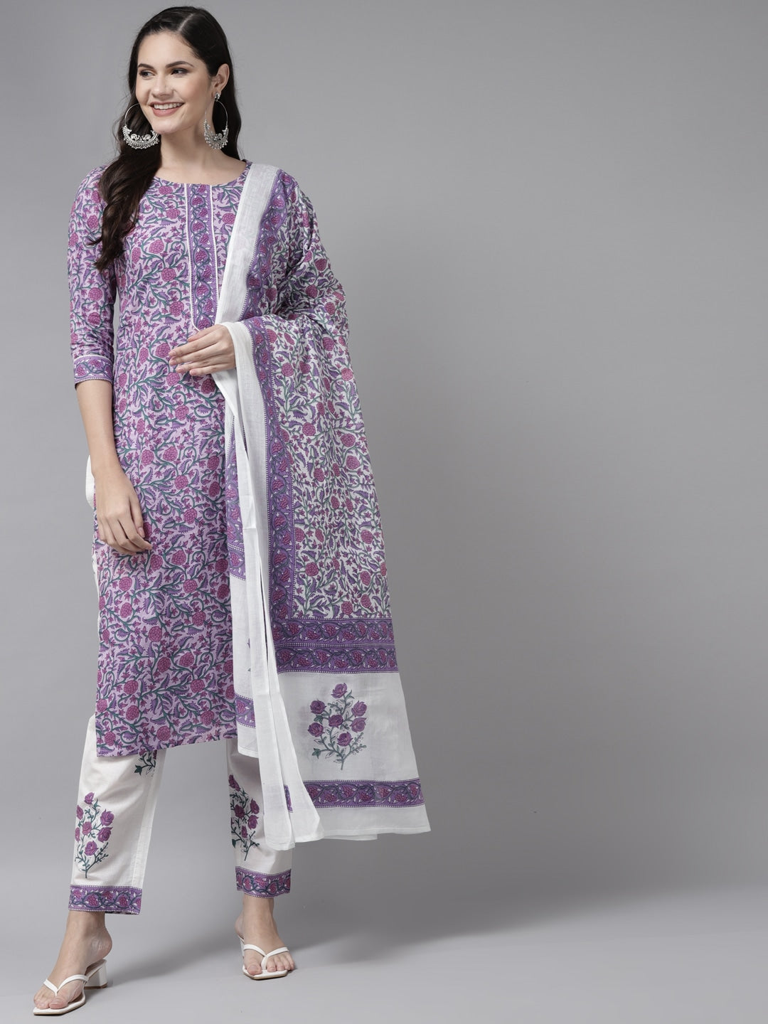 Buy MySilkLove Bouquet Purple and White Printed Dupatta Set Online
