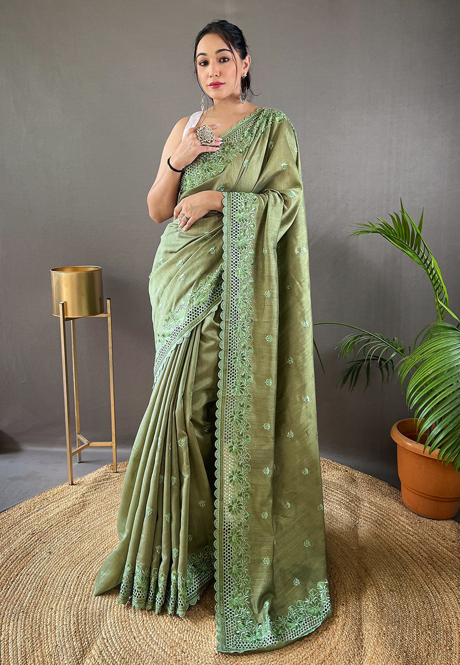 Buy MySilkLove Pine Green Embroidered Tussar Silk Silk Saree Online