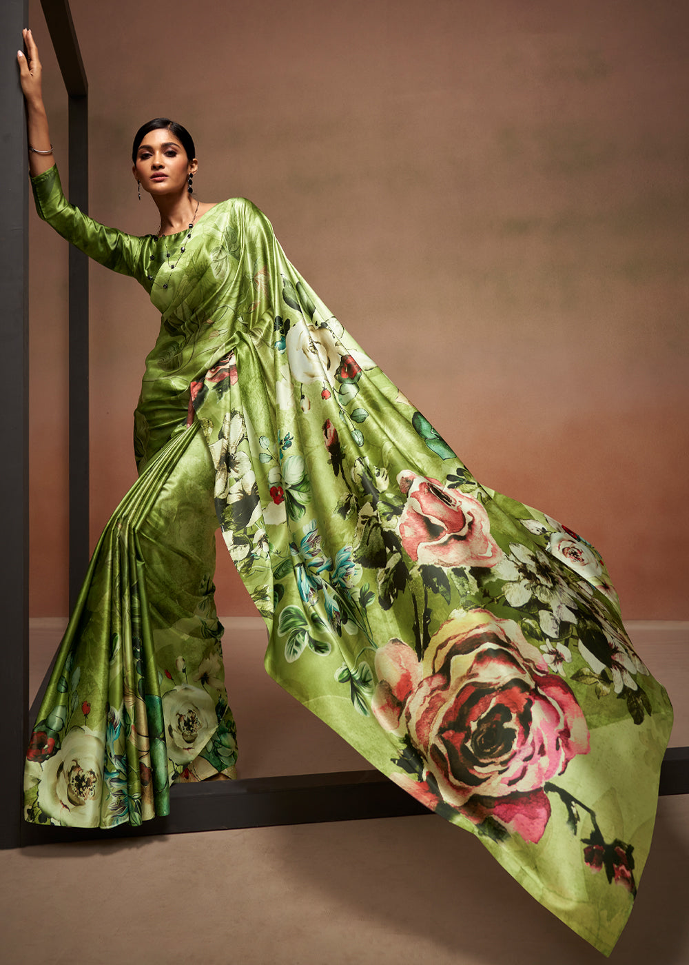 Buy MySilkLove Mantis Green Printed Satin Silk Saree Online