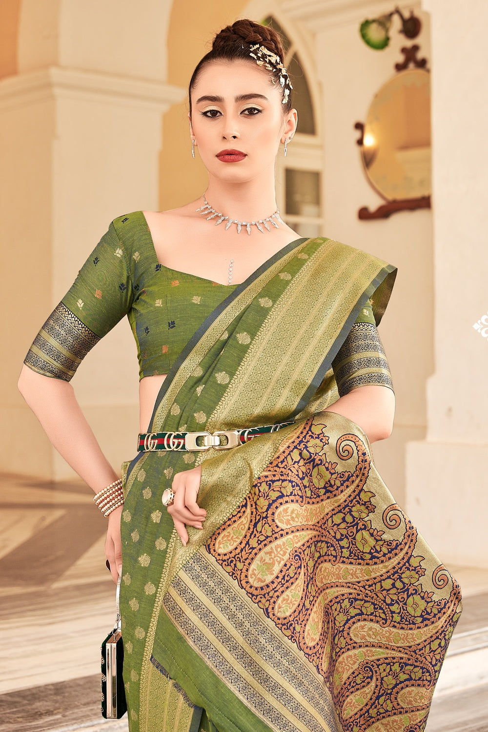 Buy MySilkLove Mindaro Green Woven Cotton Saree Online
