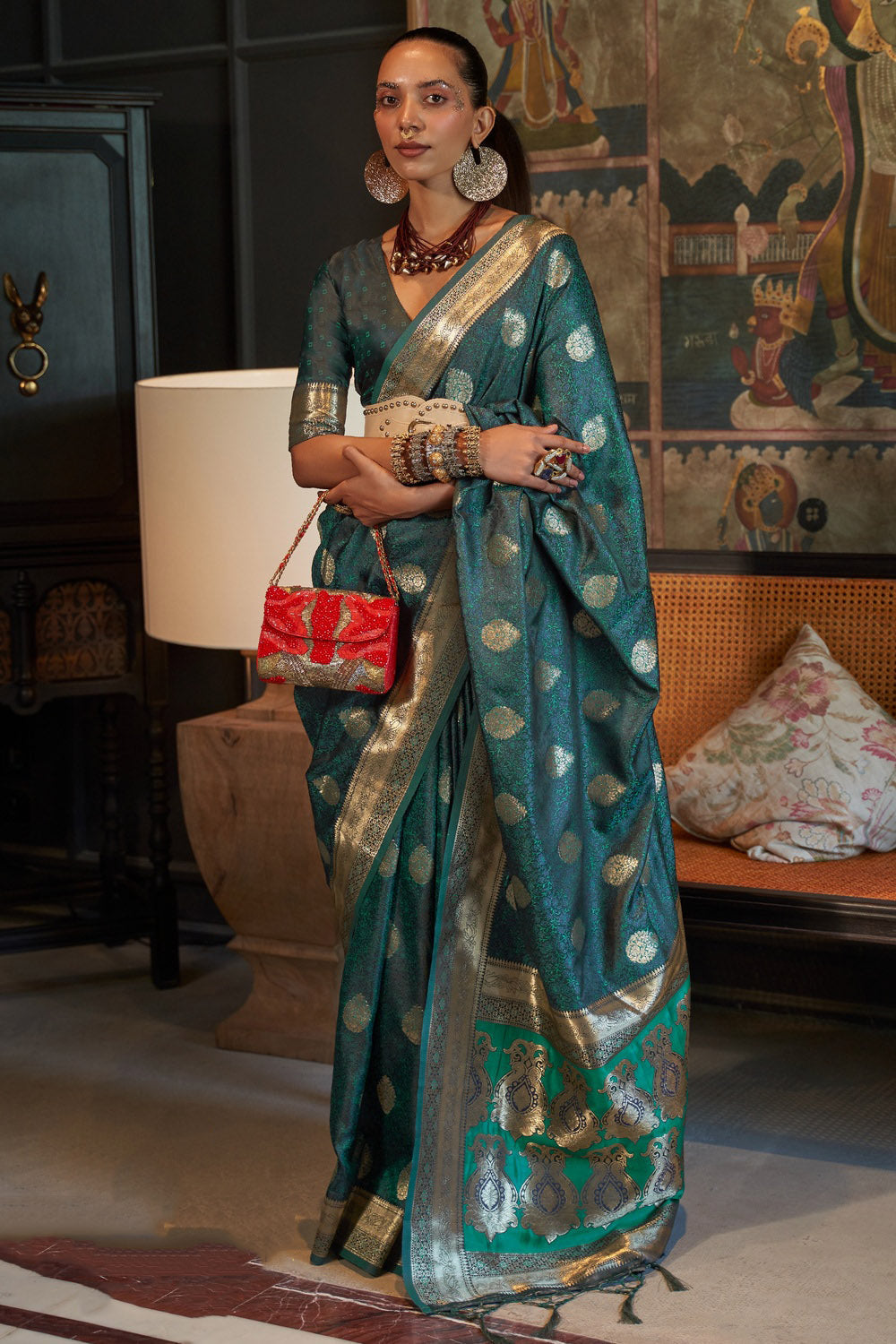 Buy MySilkLove Spectra Green Satin Handloom Silk Saree Online
