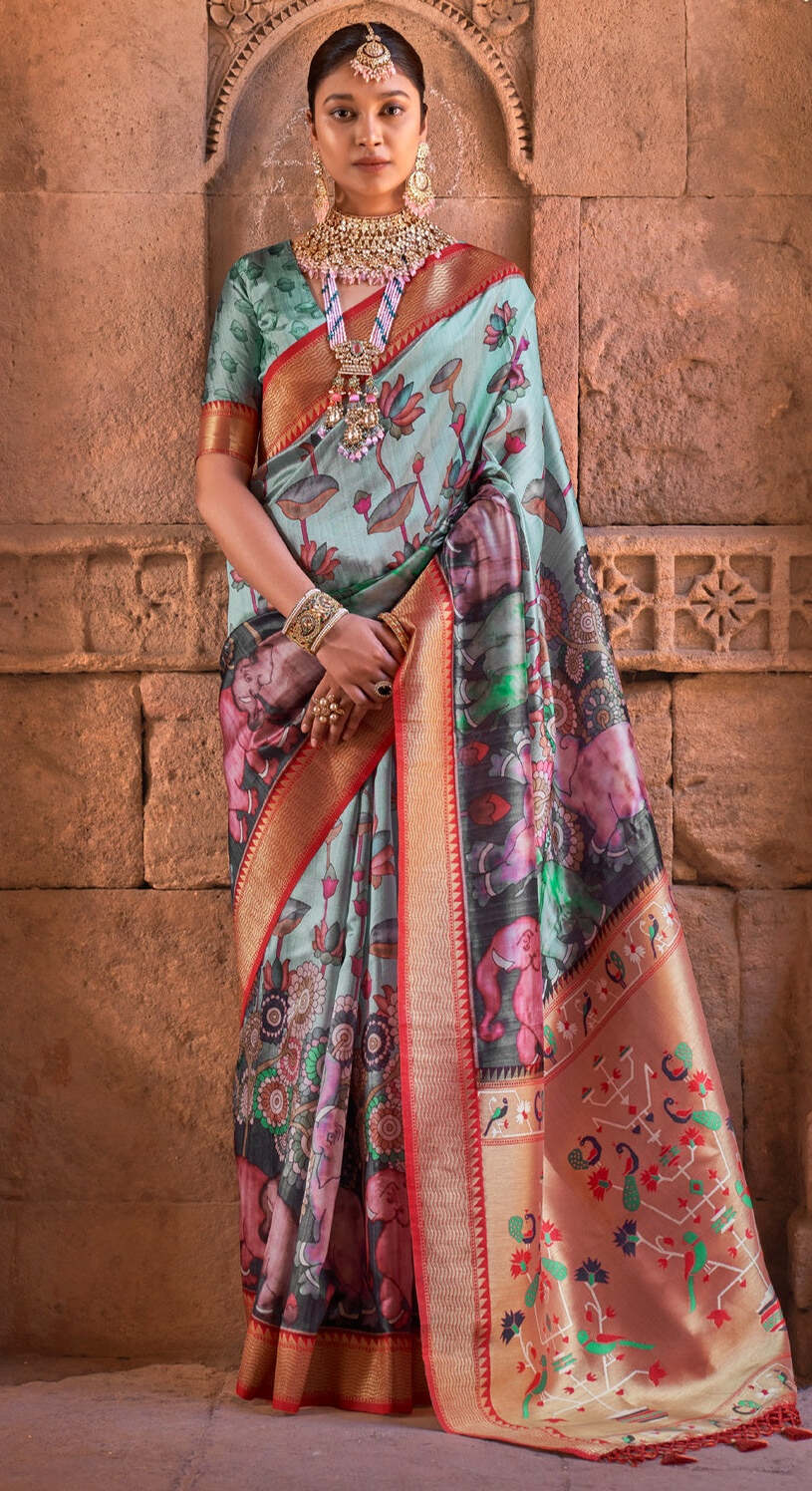 Buy MySilkLove Tower Blue Digital Printed Paithani Silk Saree Online