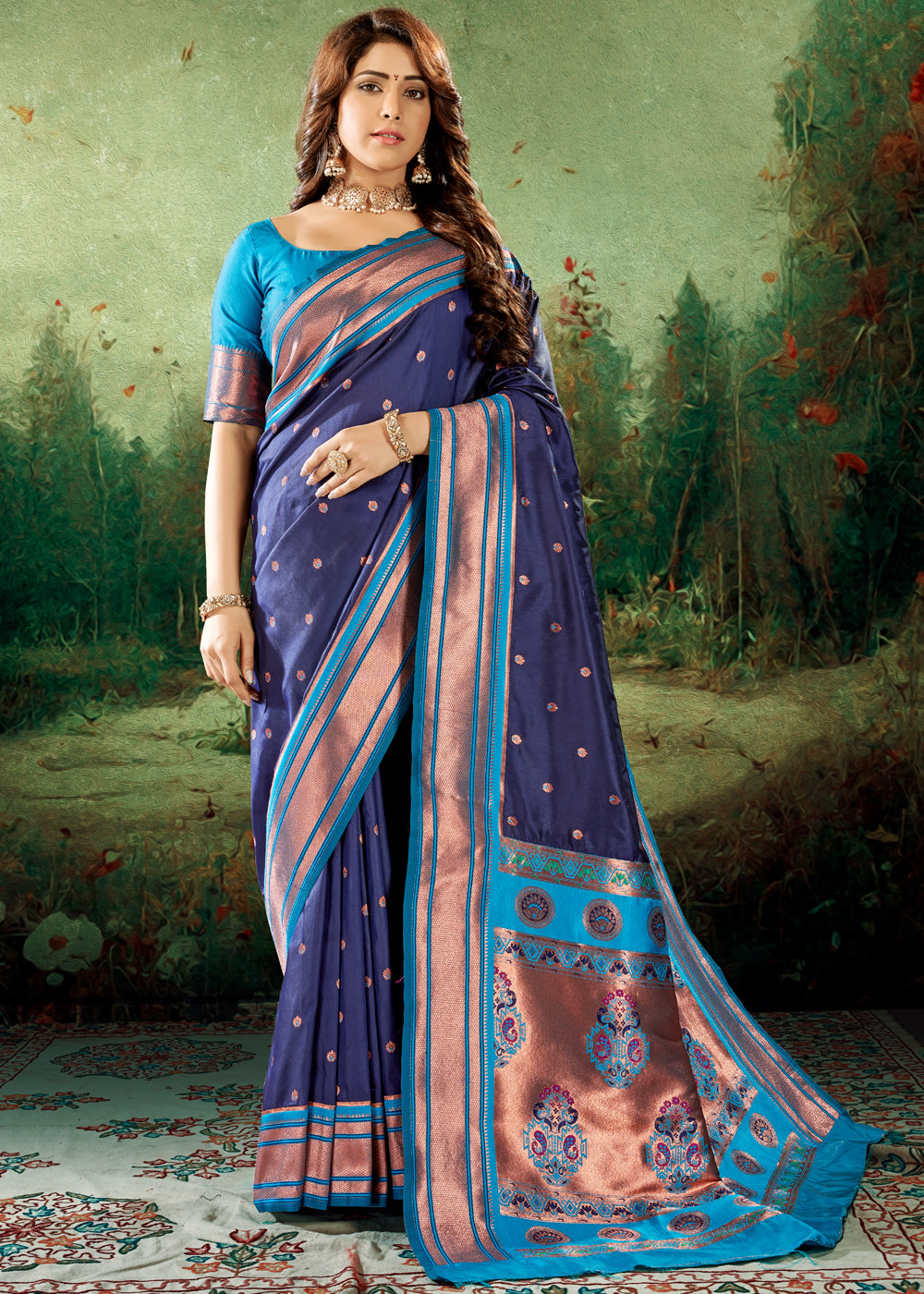 Buy MySilkLove Mulled Wine Blue Woven Paithani Soft Silk Saree Online