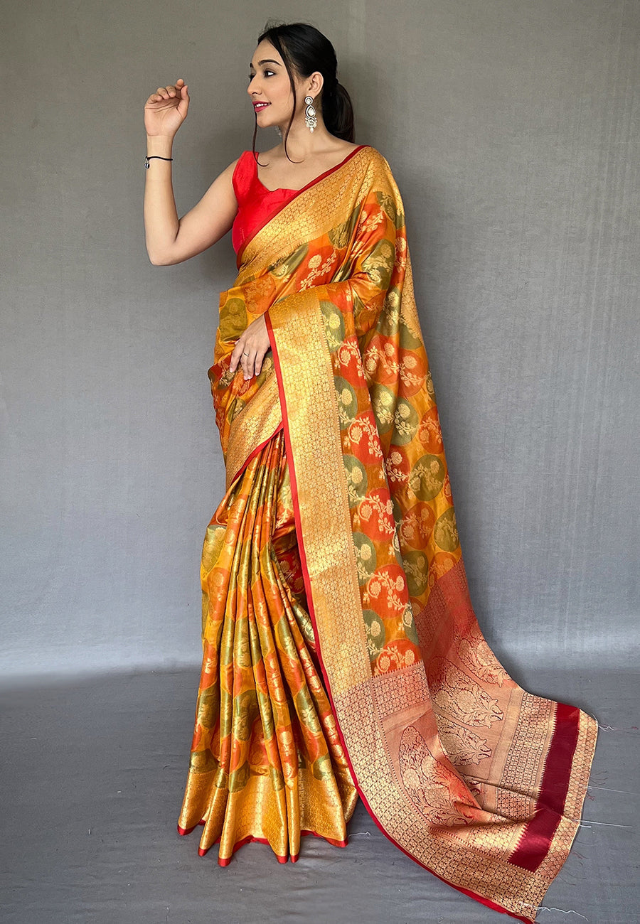 Buy MySilkLove Tan Orange Organza Multicolor Contrast Zari Woven Saree Online