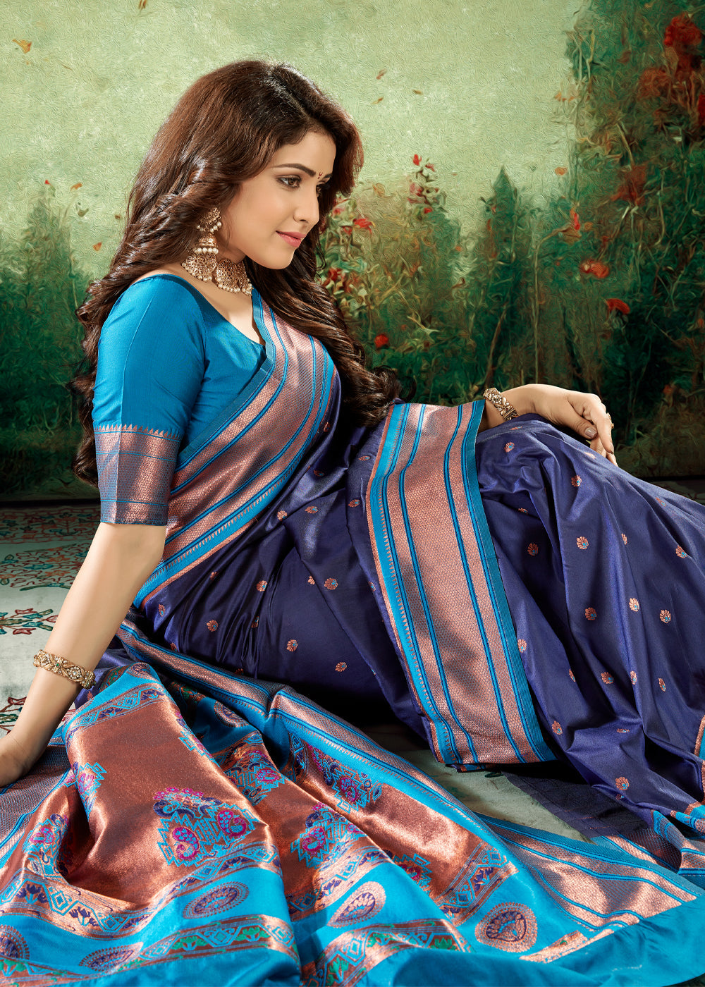MySilkLove Mulled Wine Blue Woven Paithani Soft Silk Saree