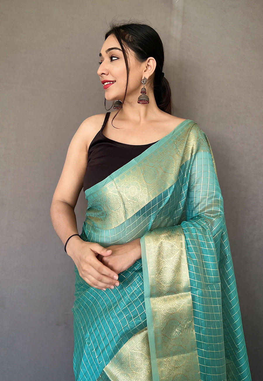 MySilkLove Malachite Blue Zari Woven Organza Checks Saree