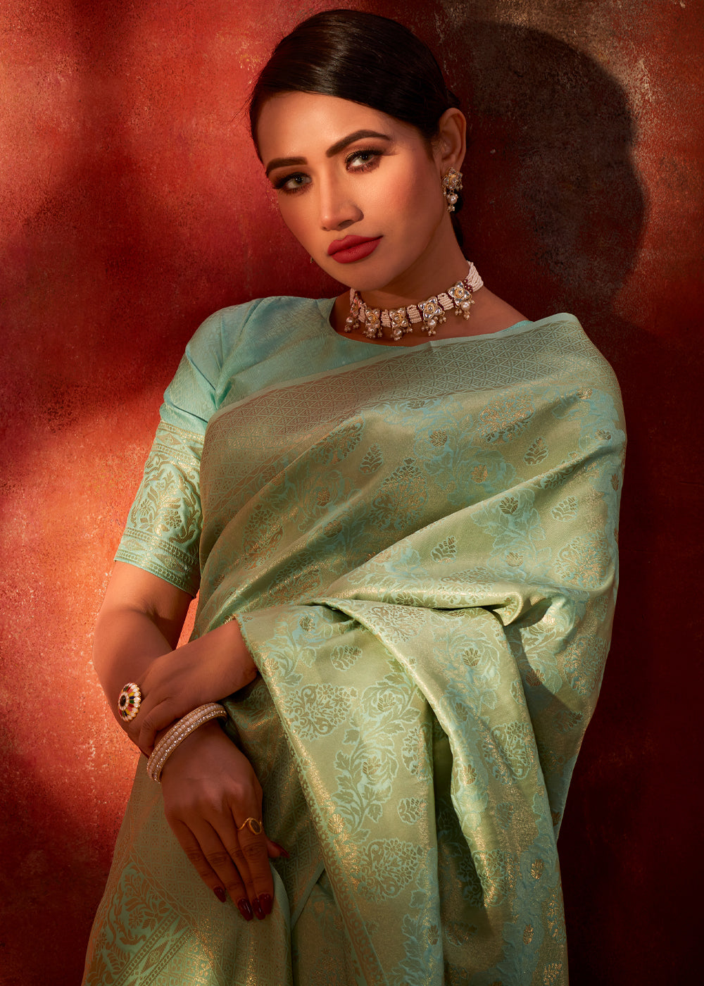 Buy MySilkLove Sage Green Woven Kanjivaram Silk Saree Online