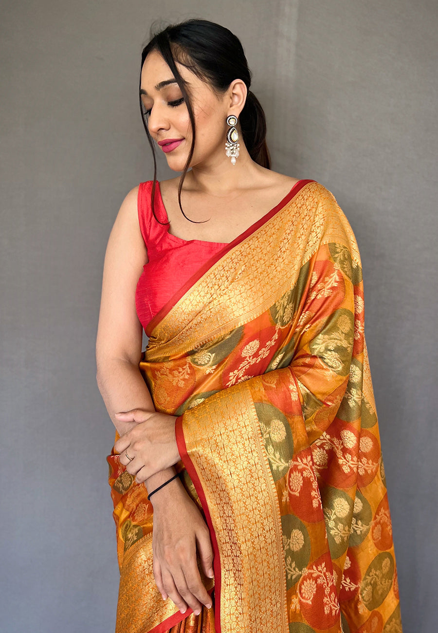 Buy MySilkLove Tan Orange Organza Multicolor Contrast Zari Woven Saree Online